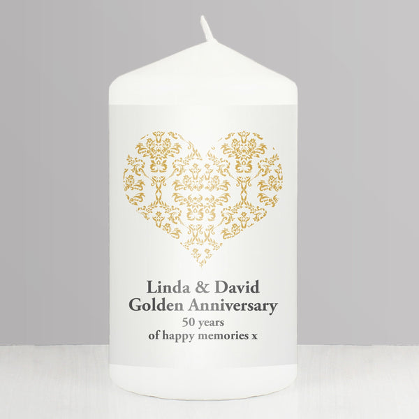 Personalised Gold Damask Heart Pillar Candle