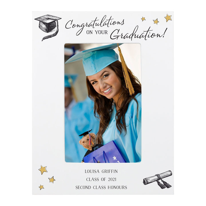 Personalised Gold Star Graduation 4x6 White Wooden Photo Frame