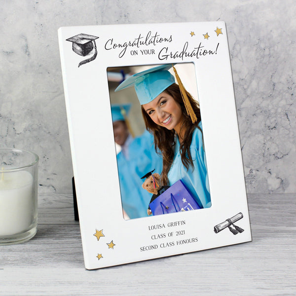 Personalised Gold Star Graduation 4x6 White Wooden Photo Frame