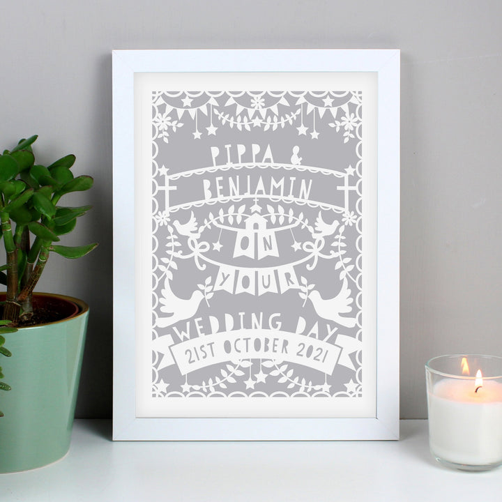 Personalised Grey Papercut Style A4 White Framed Print