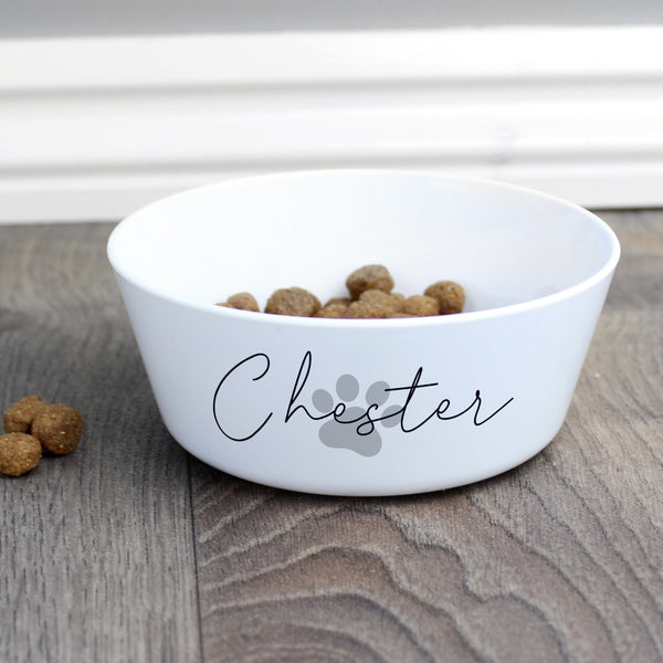 Personalised Grey Pawprint Name 14cm Medium Pet Bowl For Dogs And Cats