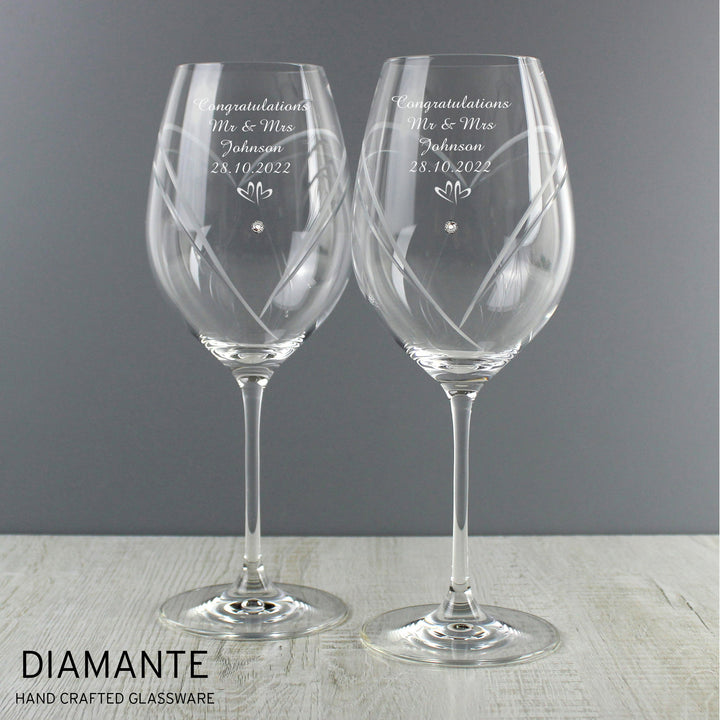 Personalised Hand Cut Little Hearts Diamante Wine Glasses