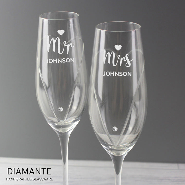 Personalised Hand Cut Mr & Mrs Pair of Diamante Champagne Flutes, In A Gift Box