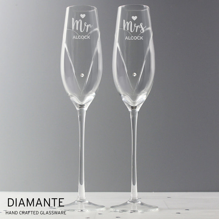 Personalised Hand Cut Mr & Mrs Pair of Diamante Champagne Flutes, In A Gift Box