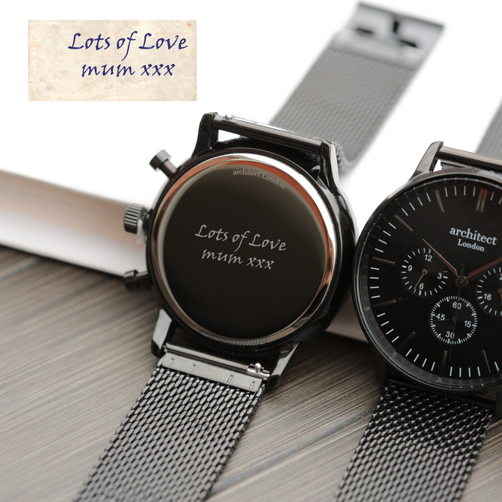 Personalised Handwriting Engraved Men's Architect Motivator Watch Black Face With Black Mesh Strap
