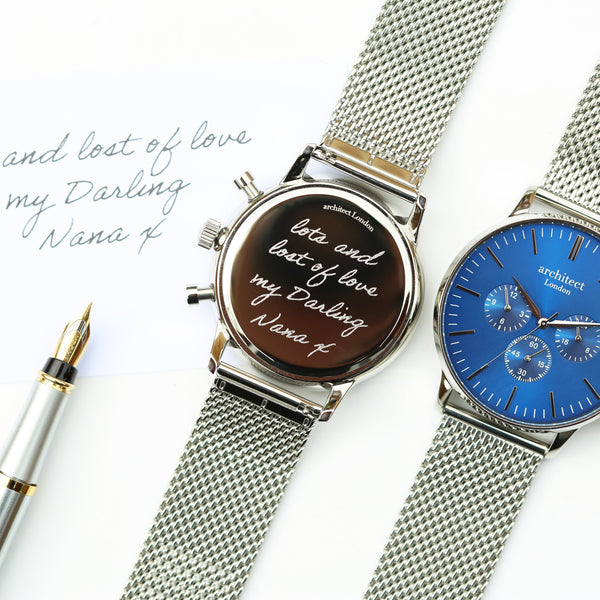 Personalised Handwriting Engraved Men's Architect Motivator Watch Blue Face Silver Strap