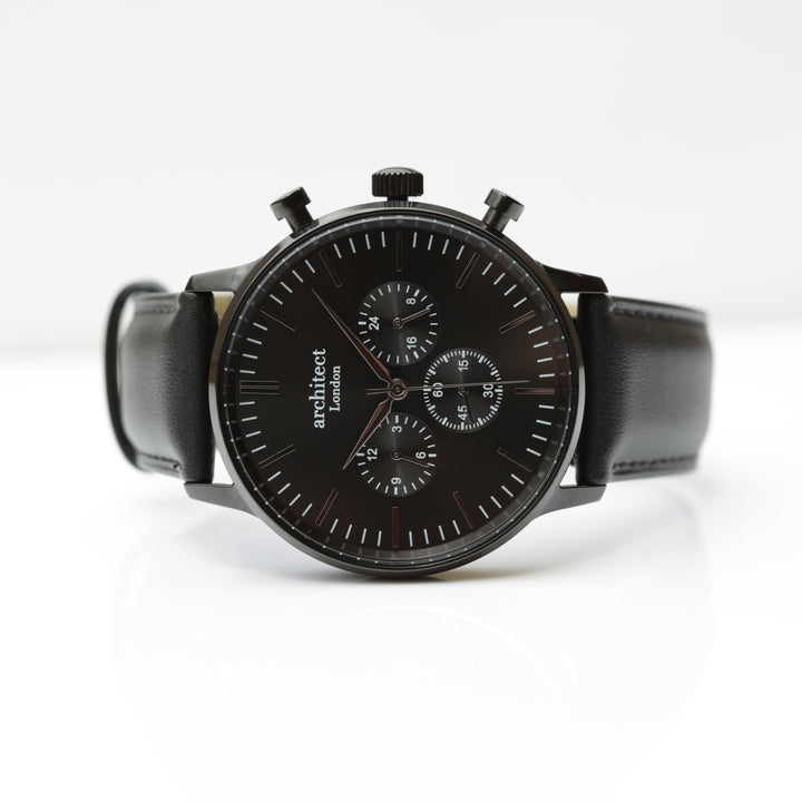 Personalised Handwriting Engraved Men's Architect Motivator Watch in Black with Black Leather Strap