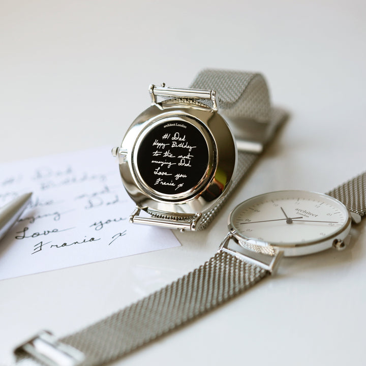 Personalised Handwriting Engraved Men's Architect Zephyr Watch + Steel Silver Mesh Strap