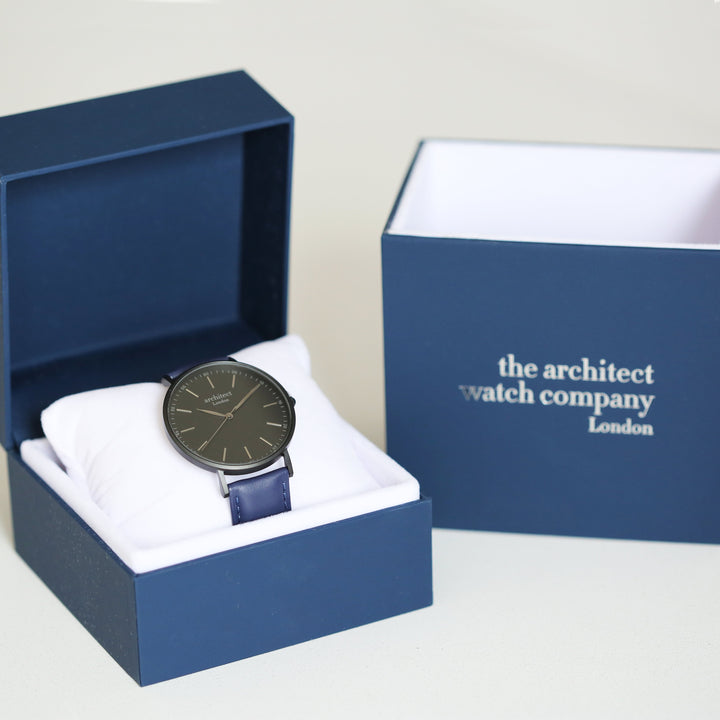 Personalised Handwriting Engraved Men's Minimalist Watch + Admiral Blue Strap