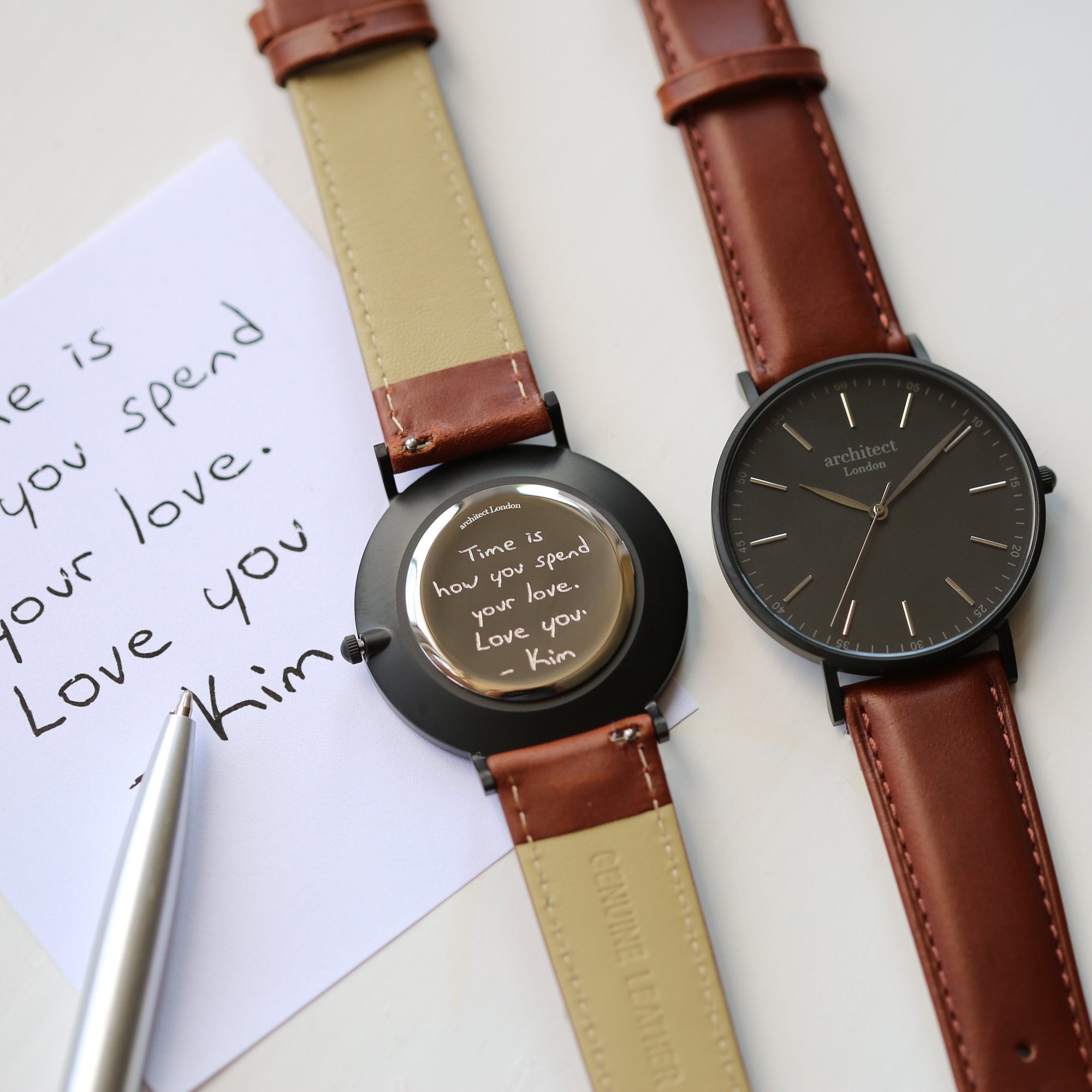 Personalised Handwriting Engraved Men's Minimalist Watch + Walnut Strap