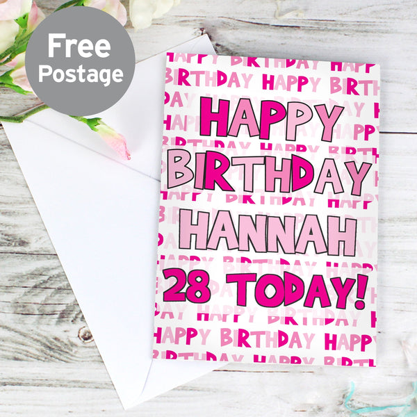 Personalised Happy Birthday Pink Text Card