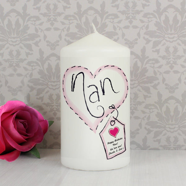 Personalised Heart Stitch Nan Pillar Candle
