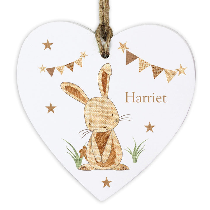 Personalised Hessian Rabbit Wooden Heart Decoration