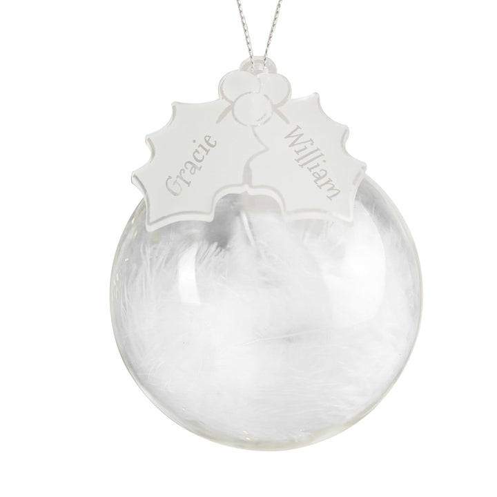 Personalised Holly Acrylic White Feather Bauble