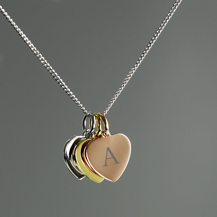 Personalised Initials Gold Rose Gold and Silver 3 Hearts Necklace