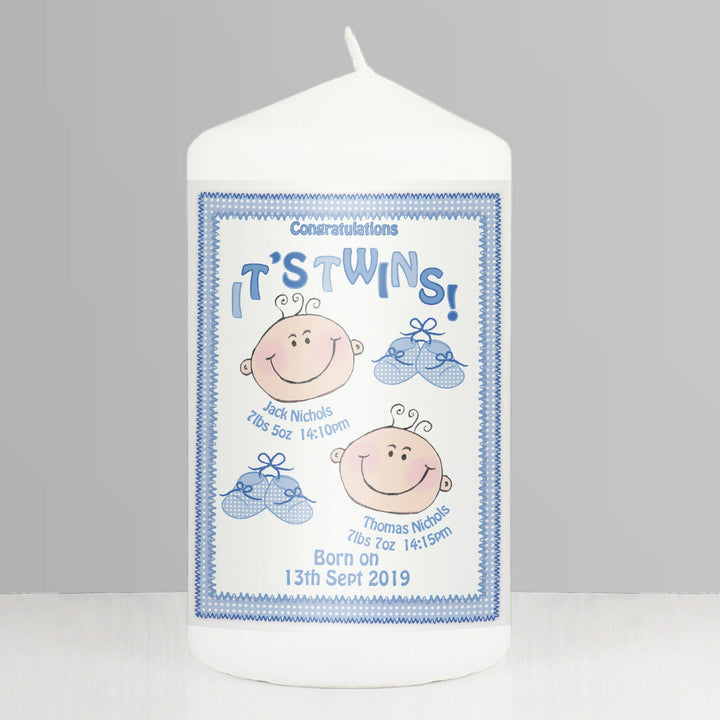 Personalised Its Twins Pillar Candle Blue