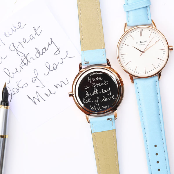Personalised Ladies Architect Blanc Handwriting Engraved Watch + Light Blue Strap