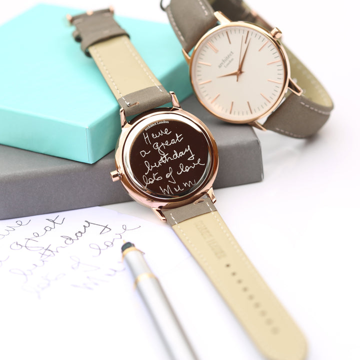 Personalised Ladies Architect Blanc Handwriting Engraved Watch + Light Grey Strap