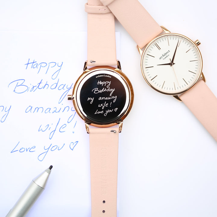 Personalised Ladies Architect Blanc Handwriting Engraved Watch + Light Pink Strap