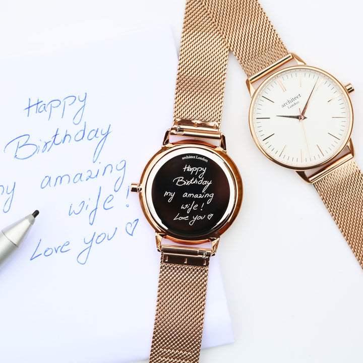 Personalised Ladies Architect Blanc Handwriting Engraved Watch + Rose Gold Mesh Strap