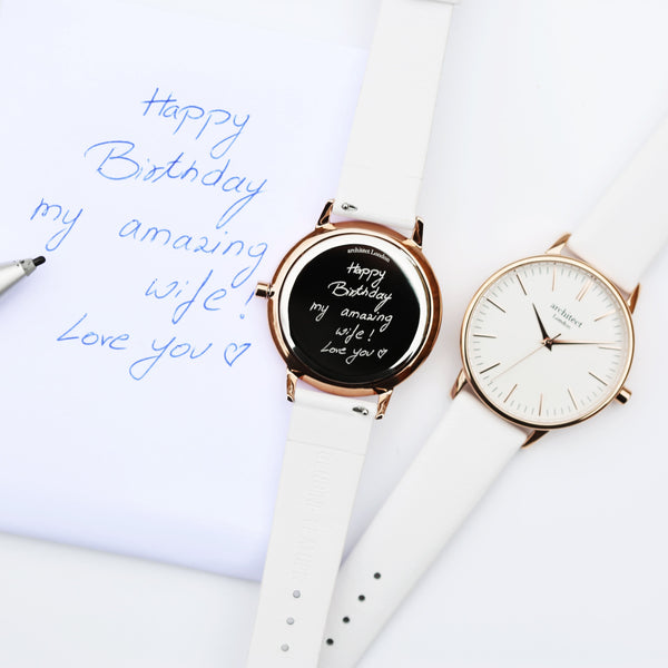 Personalised Ladies Architect Blanc Handwriting Engraved Watch + White Strap