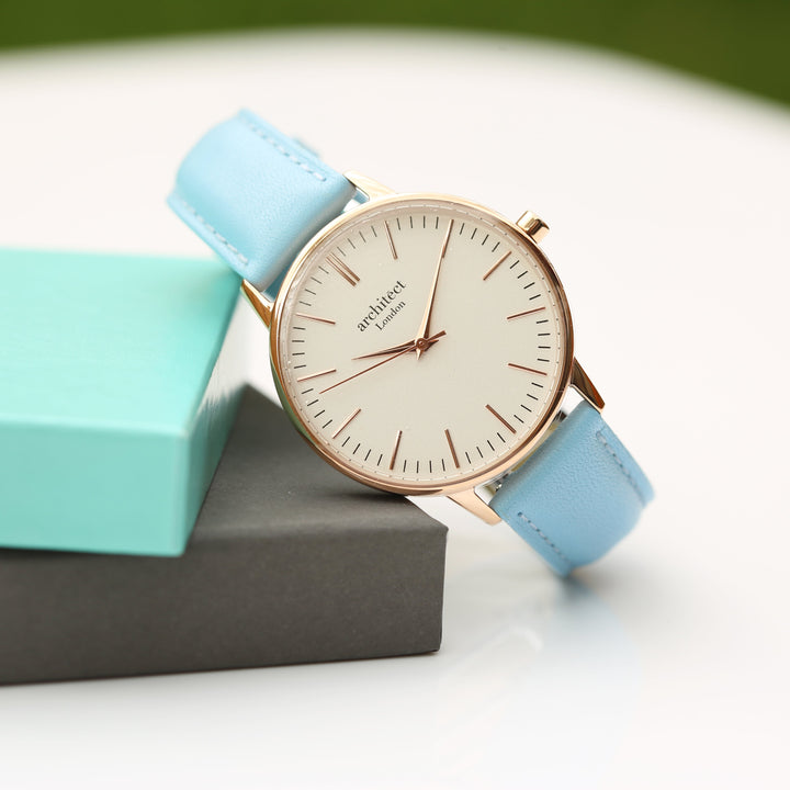 Personalised Ladies Architect Blanc Modern Font Engraved Watch + Light Blue Strap