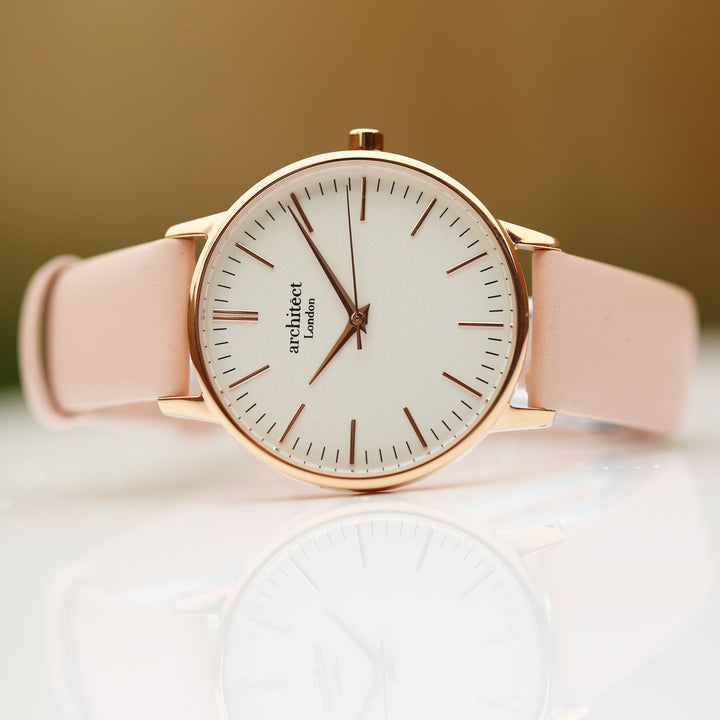 Personalised Ladies Architect Blanc Modern Font Engraved Watch + Light Pink Strap