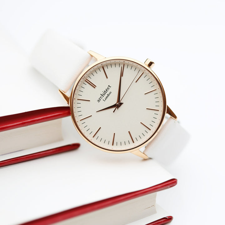 Personalised Ladies Architect Blanc Modern Font Engraved Watch + White Strap