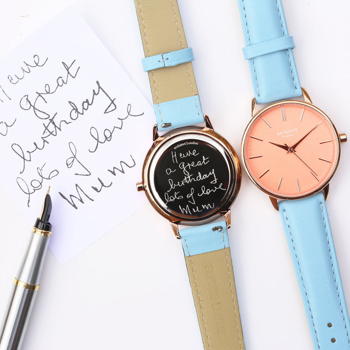 Personalised Ladies Architect Coral Handwriting Engraved Watch + Light Blue Strap