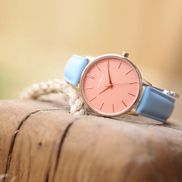 Personalised Ladies Architect Coral Handwriting Engraved Watch + Light Blue Strap