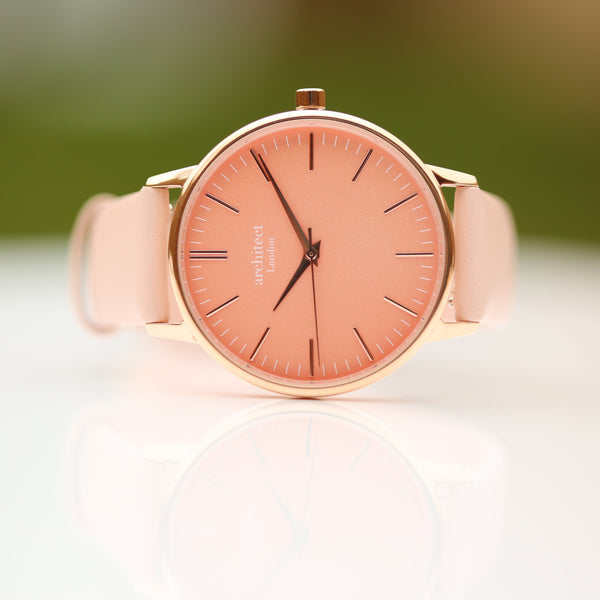 Personalised Ladies Architect Coral Handwriting Engraved Watch + Light Pink Strap