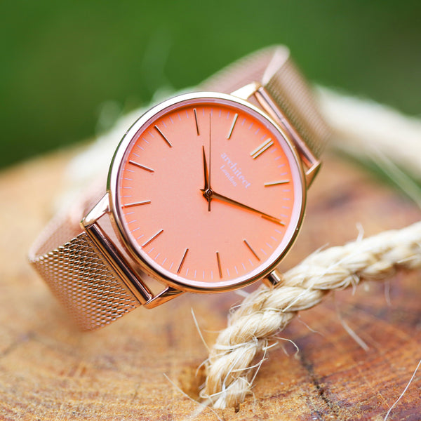 Personalised Ladies Architect Coral Handwriting Engraved Watch + Rose Gold Mesh Strap