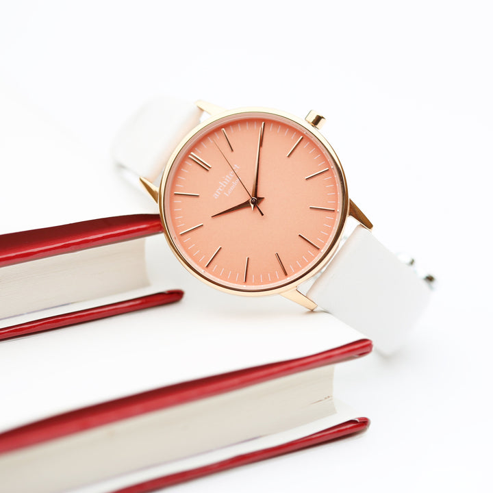 Personalised Ladies Architect Coral Handwriting Engraved Watch + White Strap