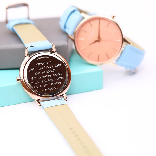 Personalised Ladies Architect Coral Modern Font Engraved Watch + Light Blue Strap
