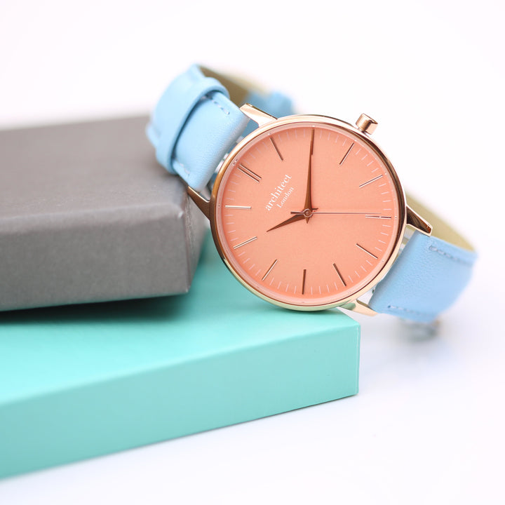 Personalised Ladies Architect Coral Modern Font Engraved Watch + Light Blue Strap