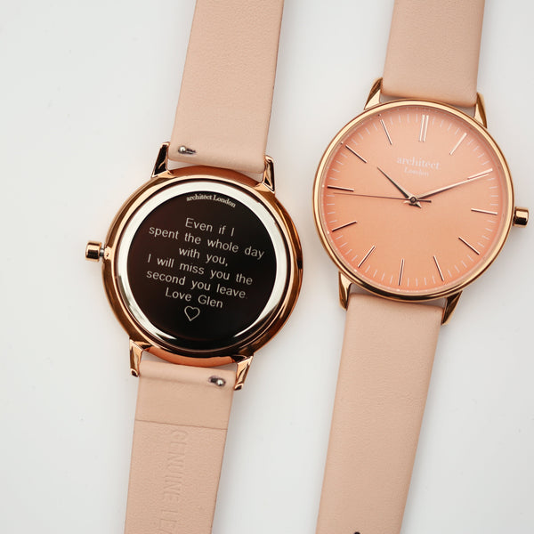 Personalised Ladies Architect Coral Modern Font Engraved Watch + Light Pink Strap