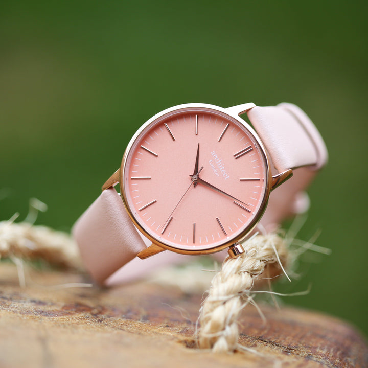 Personalised Ladies Architect Coral Modern Font Engraved Watch + Light Pink Strap