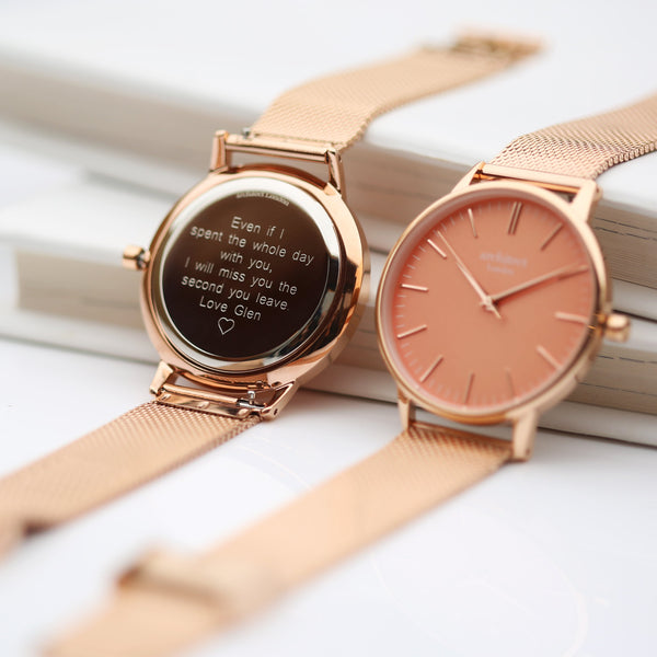 Personalised Ladies Architect Coral Modern Font Engraved Watch + Rose Gold Mesh Strap
