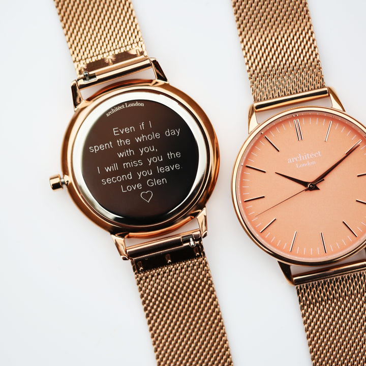Personalised Ladies Architect Coral Modern Font Engraved Watch + Rose Gold Mesh Strap