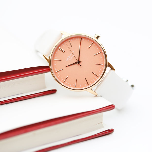 Personalised Ladies Architect Coral Modern Font Engraved Watch + White Strap