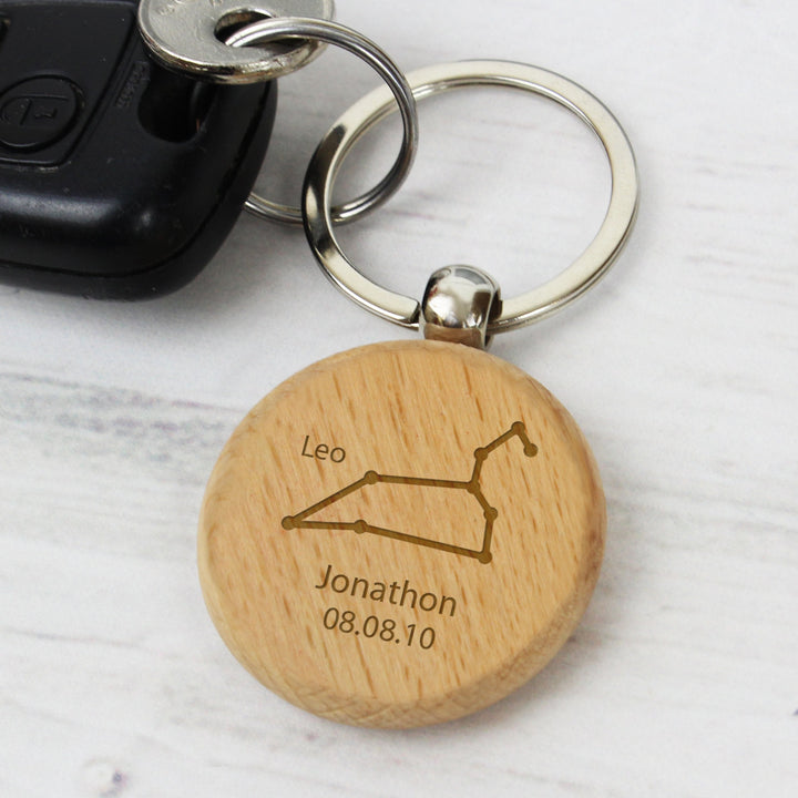 Personalised Leo Zodiac Star Sign Wooden Keyring (July 23rd - August 22nd)