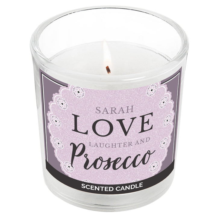 Personalised Lilac Lace 'Love Laughter & Prosecco' Scented Jar Candle