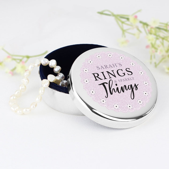 Personalised Lilac Lace 'Rings & Sparkly Things' Round Trinket Box