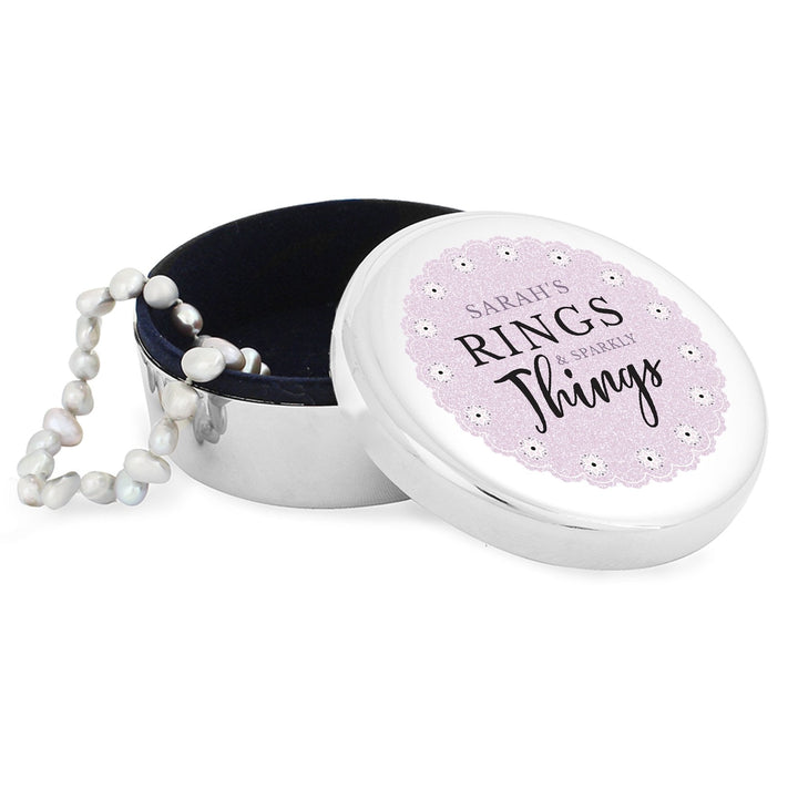 Personalised Lilac Lace 'Rings & Sparkly Things' Round Trinket Box