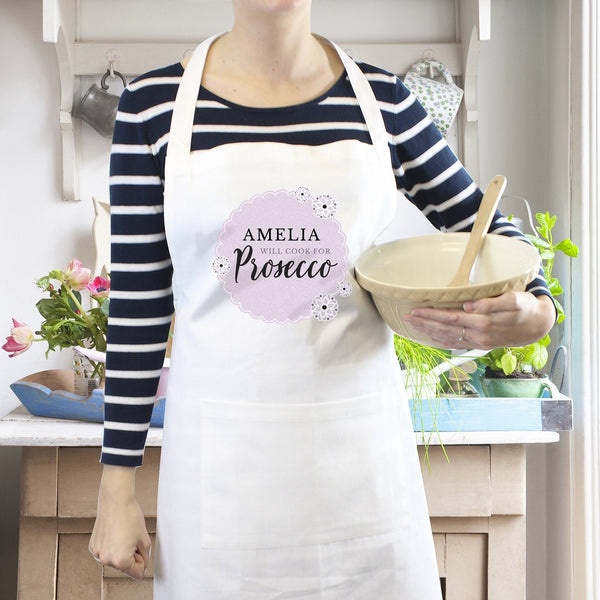 Personalised Lilac Lace 'Will Cook for Prosecco' White Apron