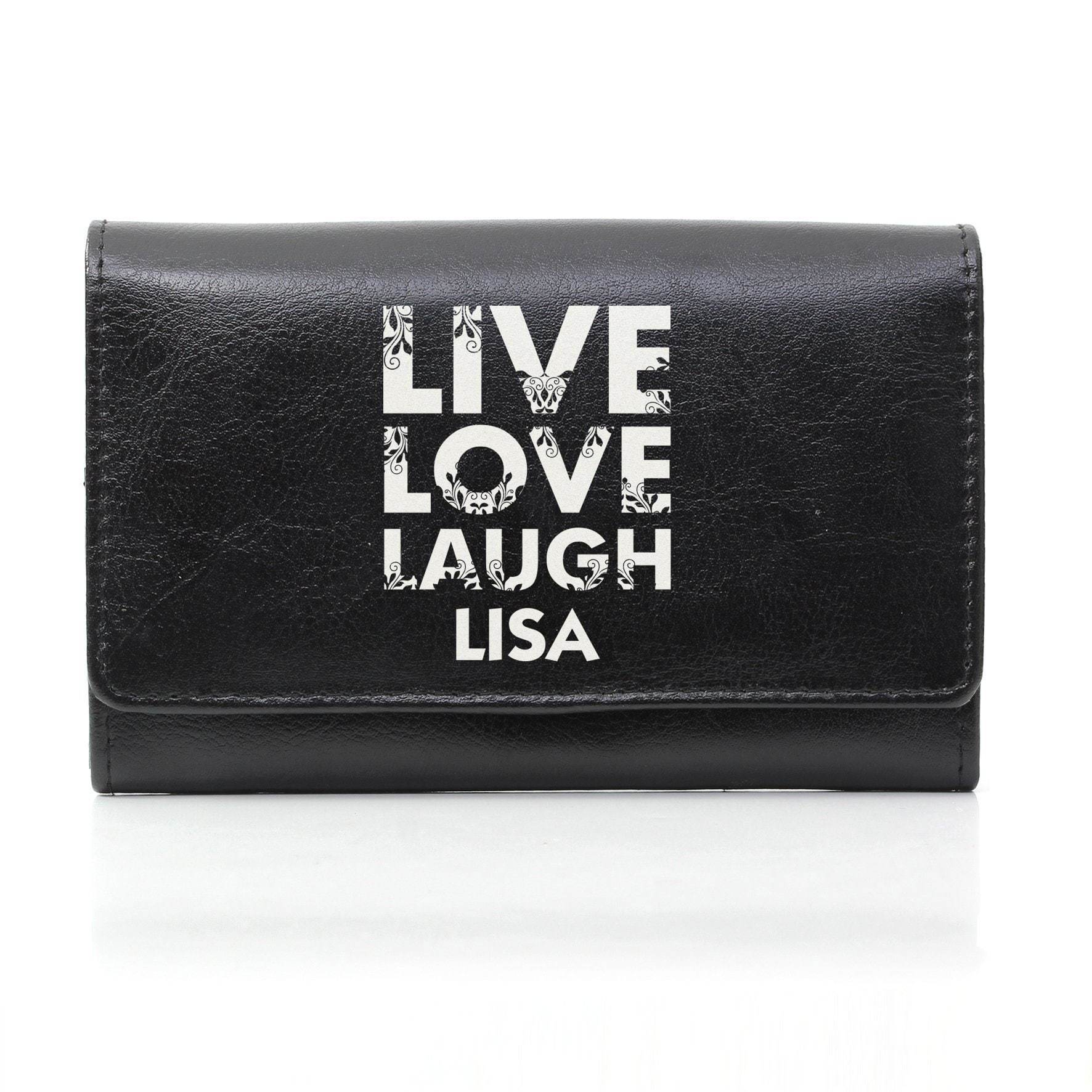 Personalised Live Laugh Love Black Leather Purse