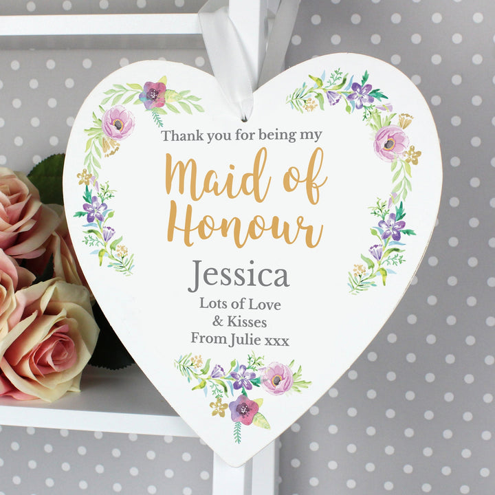 Personalised Maid of Honour 'Floral Watercolour Wedding' Large Wooden Heart Decoration