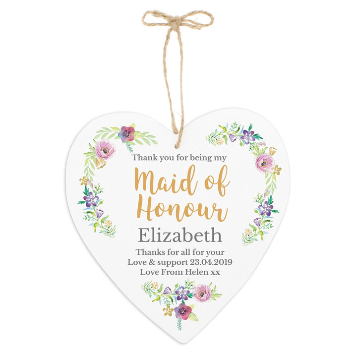 Personalised Maid of Honour 'Floral Watercolour Wedding' Large Wooden Heart Decoration