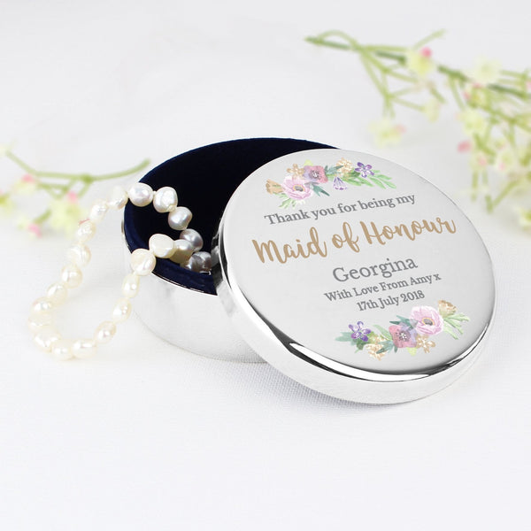 Personalised Maid of Honour 'Floral Watercolour Wedding' Round Trinket Box
