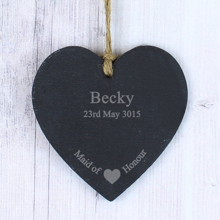 Personalised Maid Of Honour Slate Heart Decoration